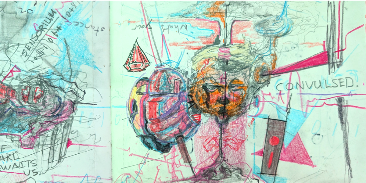Sketchbook spread paired with finished digital piece