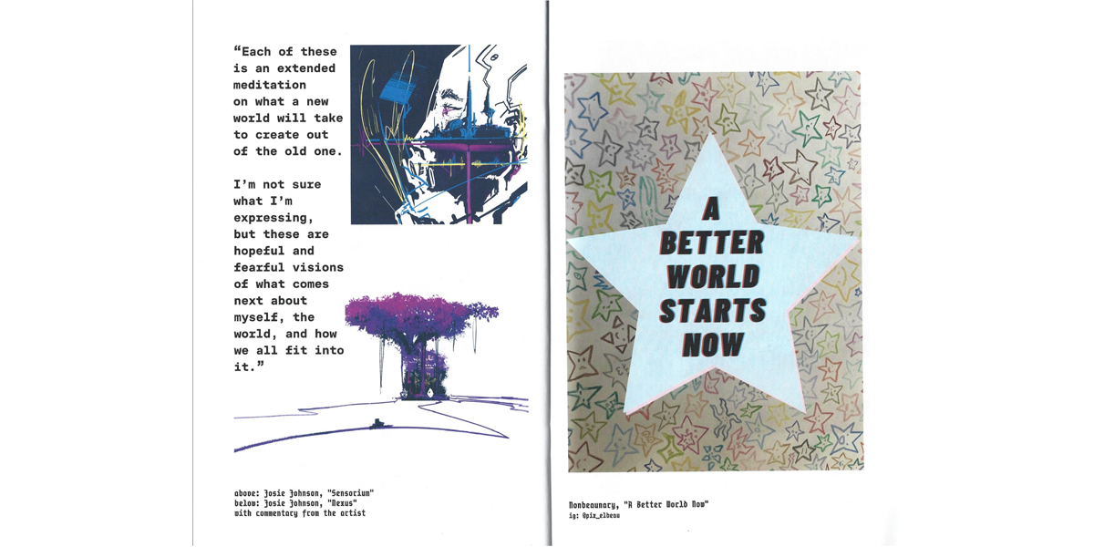Physical zine open on a surface