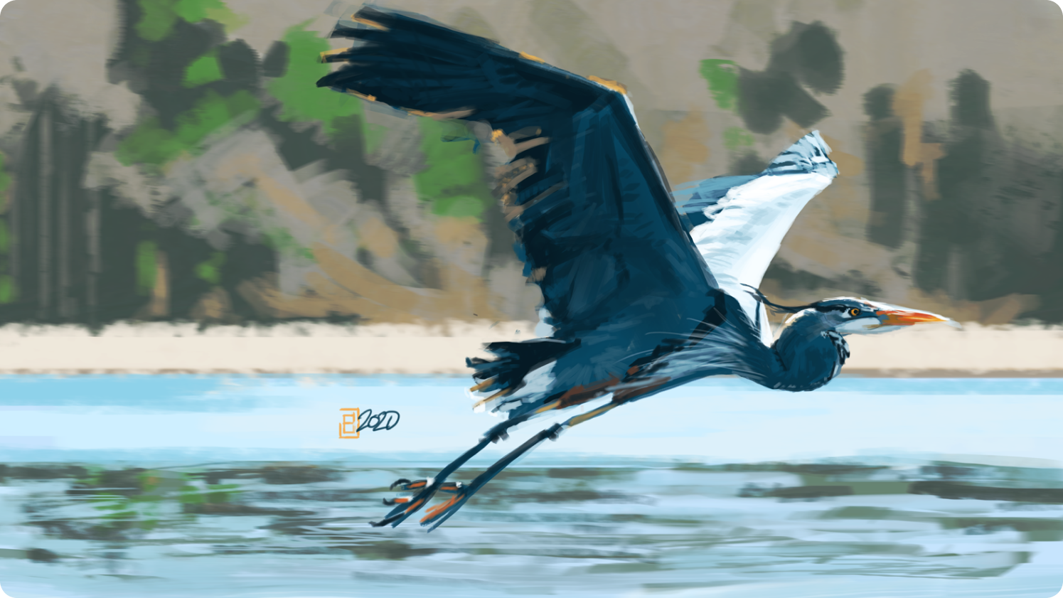 Great blue heron in flight, finished digital painting